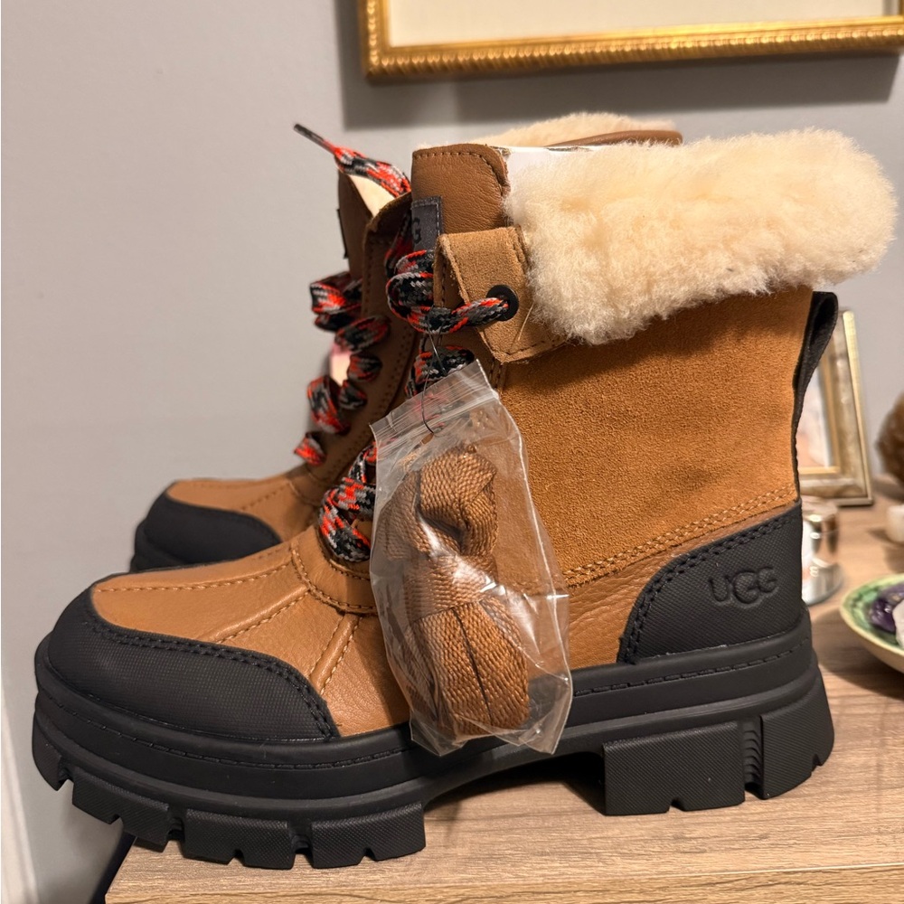 Tan and Black UGG Winter Boots with Red Laces